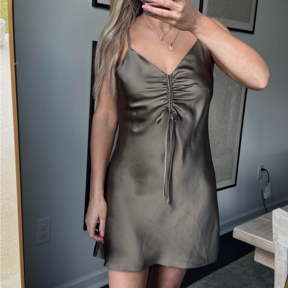 Sleek Satin Ruched Olive Green Midi Slip Flowy Dress